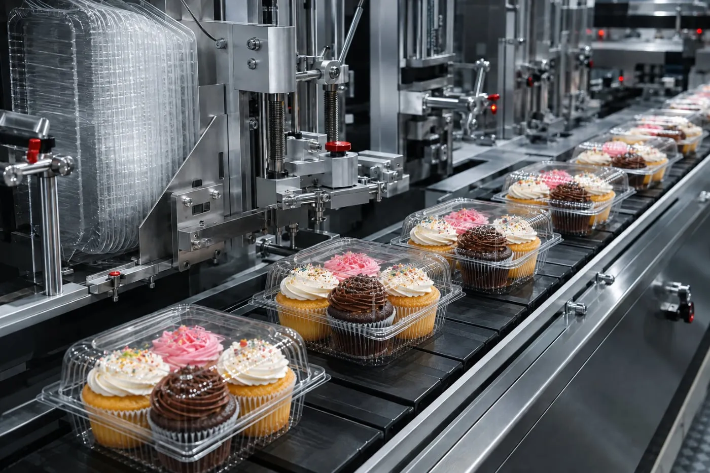 Clear bakery trays moving from the dock onto an automated packing line
