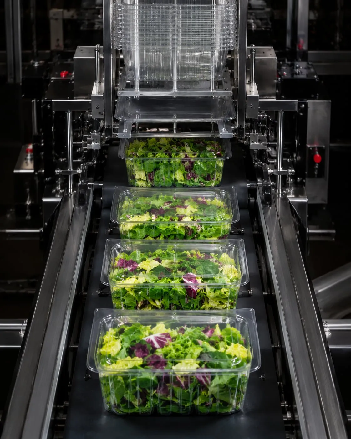 Clear trays moving from the dock onto an automated packing line
