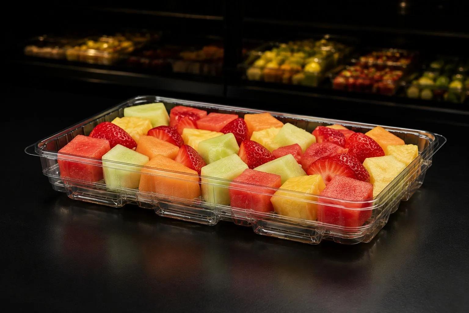 Close-up of firm, glossy cubes of cut fruit