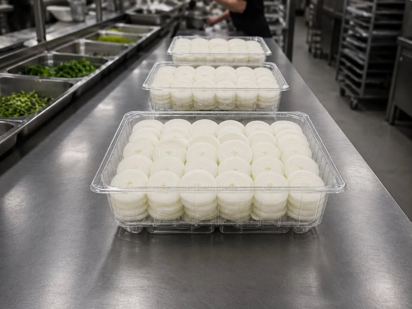 Clear trays of prepped produce lined up on a commercial kitchen prep line