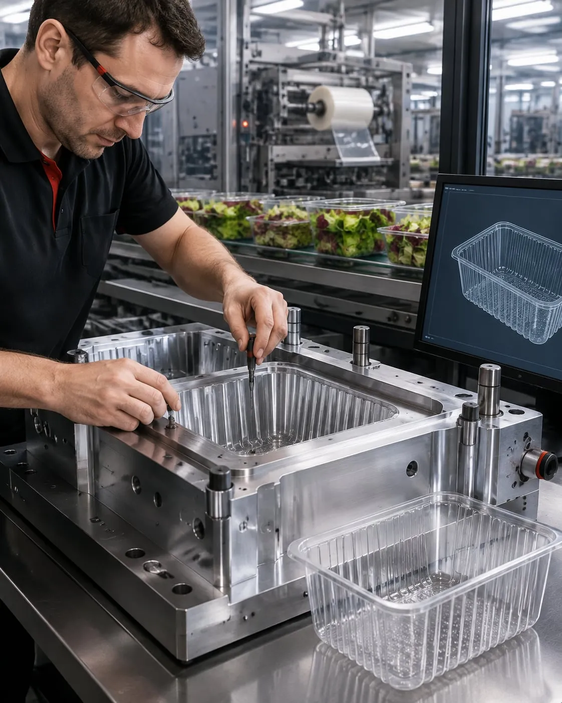 A CNC machine cutting a custom aluminium thermoforming tool in-house