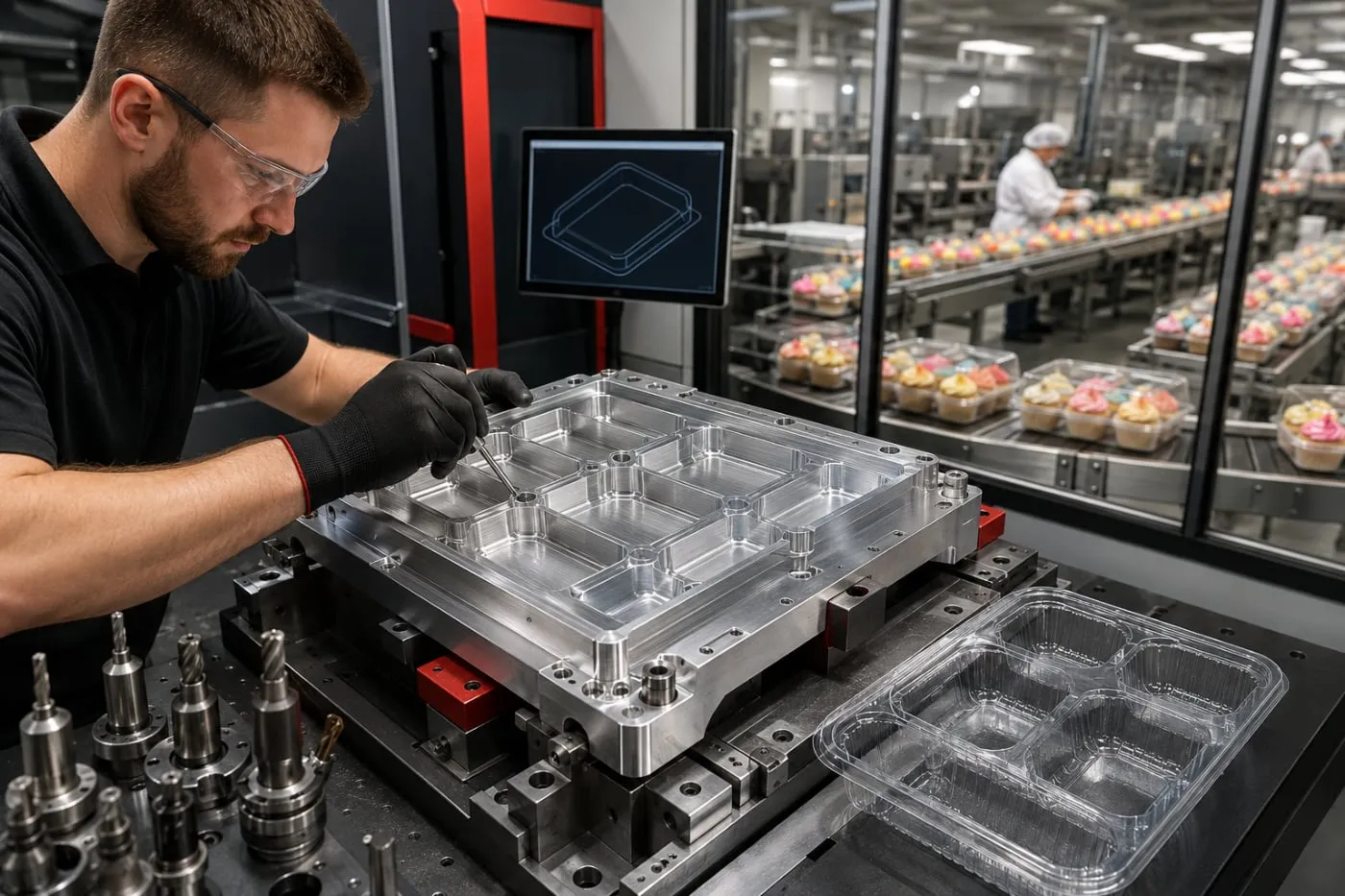A CNC machine cutting a custom aluminium thermoforming tool in-house