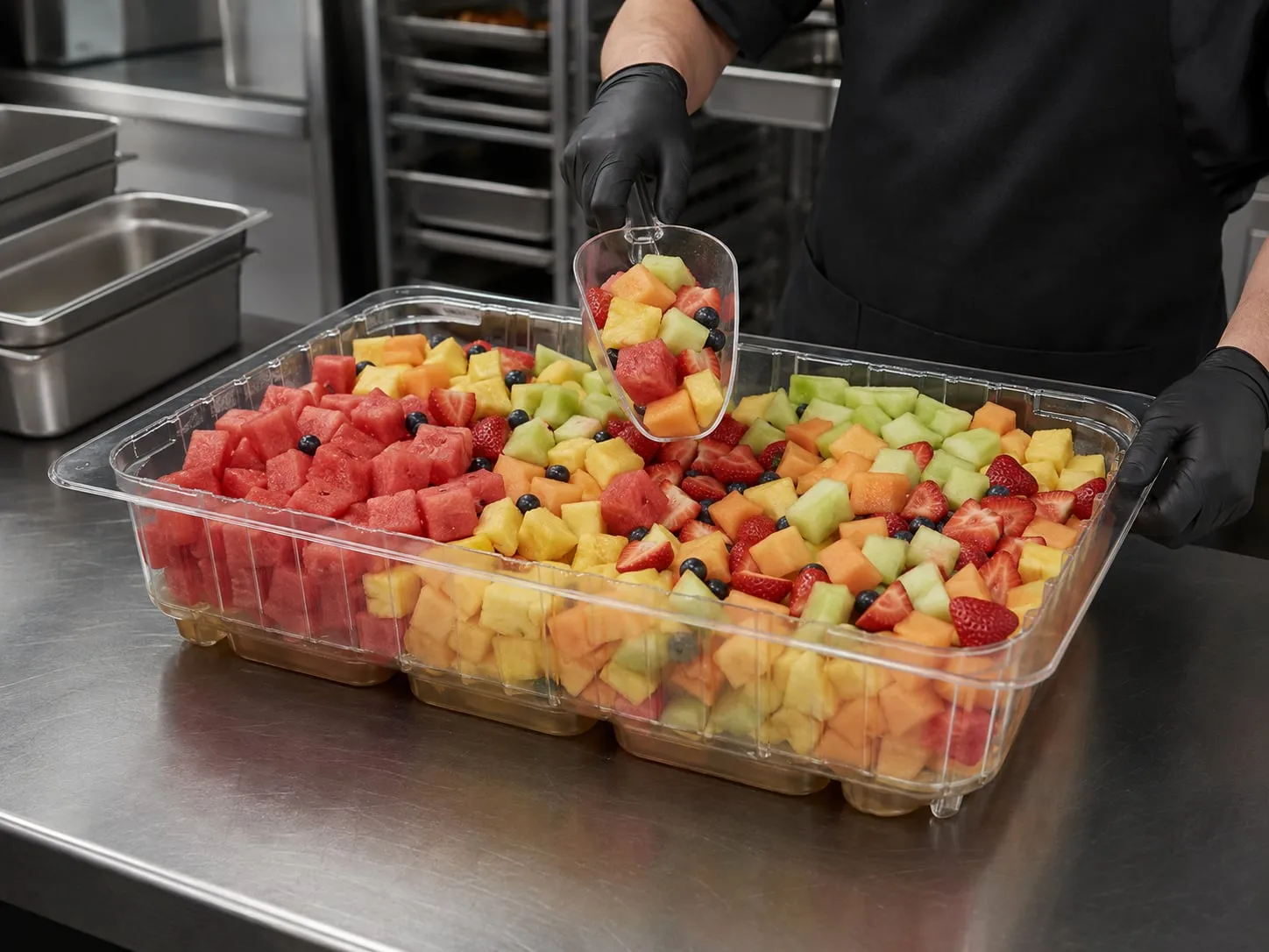 A cook lifting dry prepped product straight from a clear tray