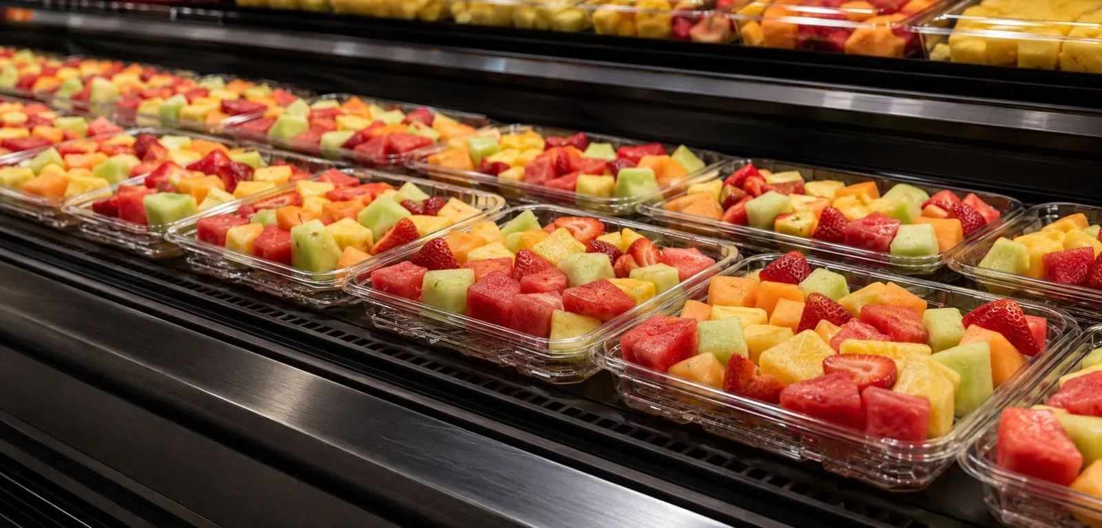 Clear trays of cut fruit displayed face-up in a bright retail case