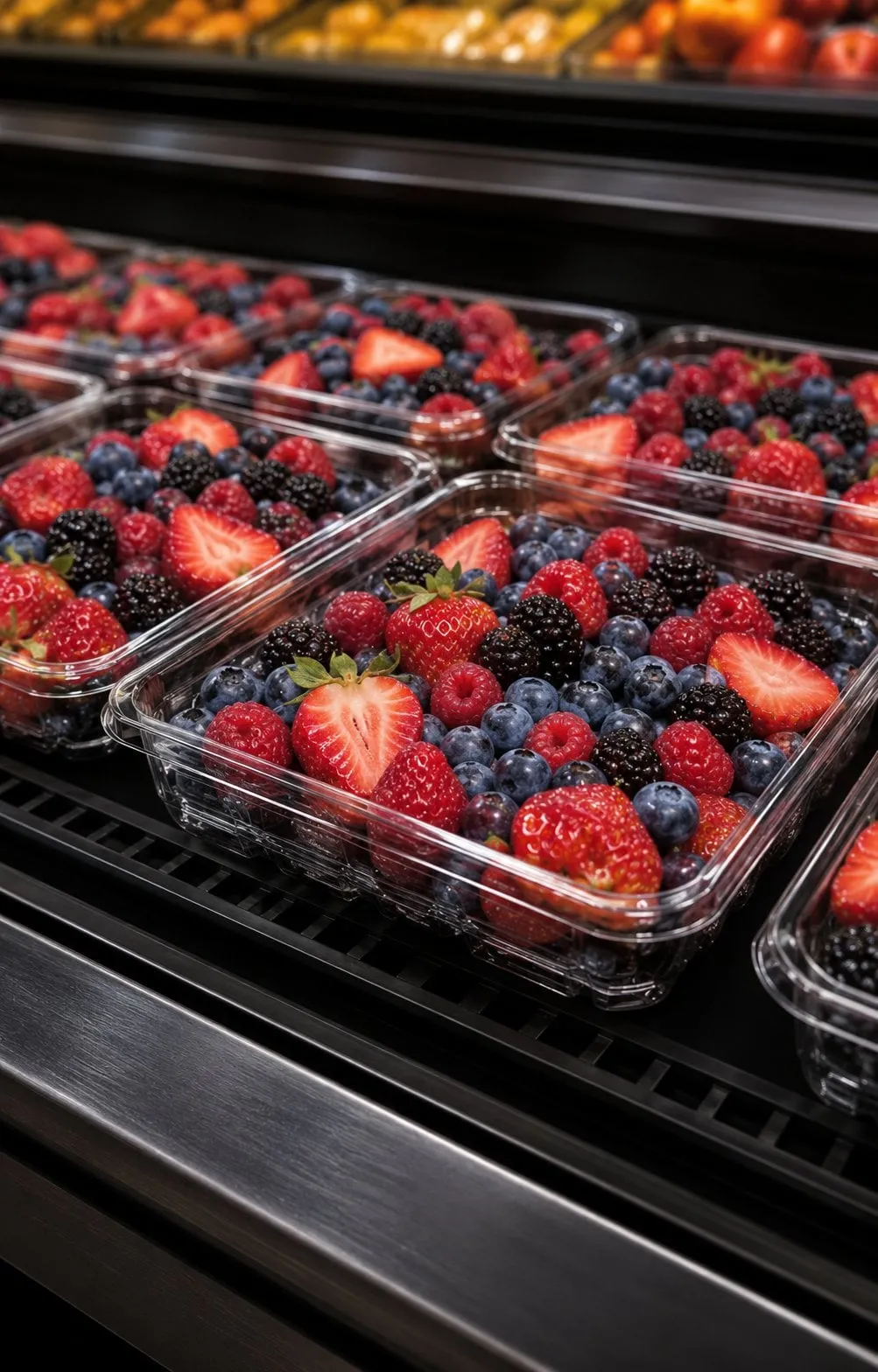 Clear trays of berries displayed face-up in a bright retail case