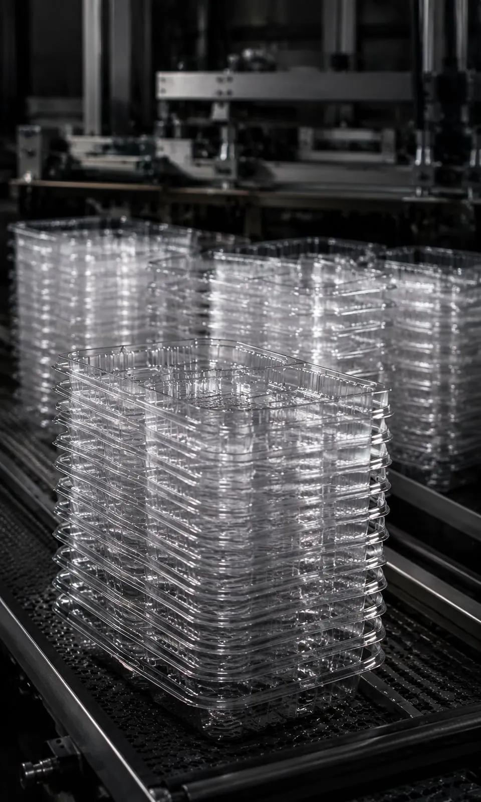A clear, pad-free PET tray moving along a recycling line