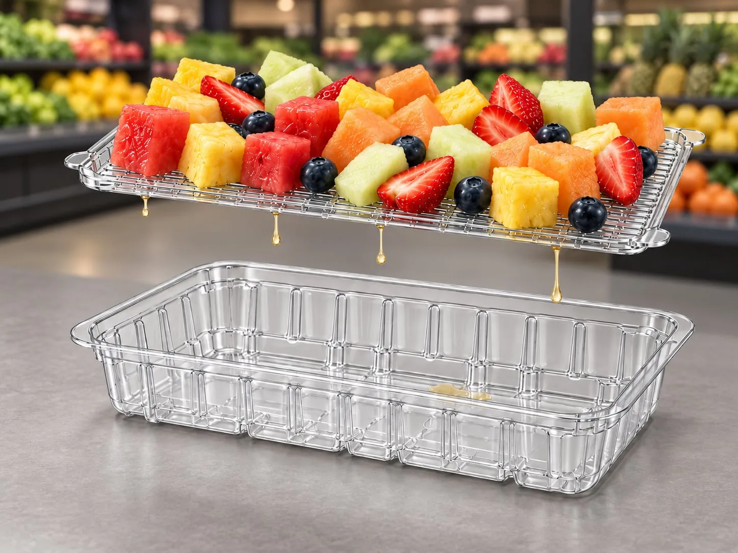 A clear, pad-free PET tray moving along a recycling line