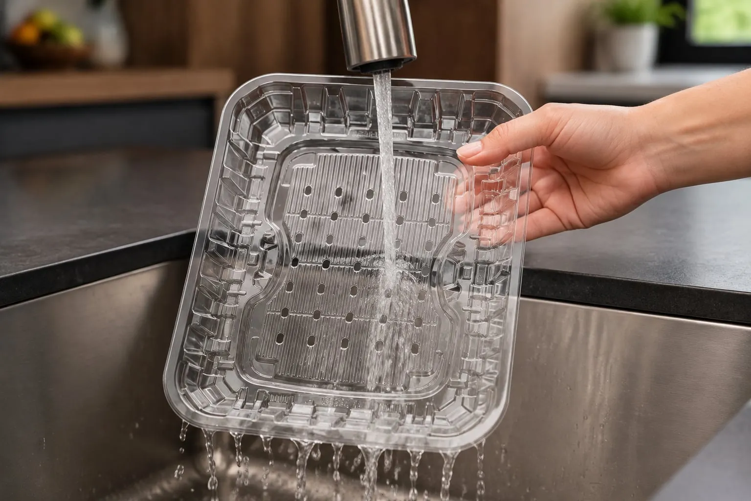 A clean, empty Infinity tray being rinsed under a kitchen tap