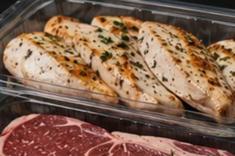 Close-up of raw chicken in a clear Lucid Infinity tray