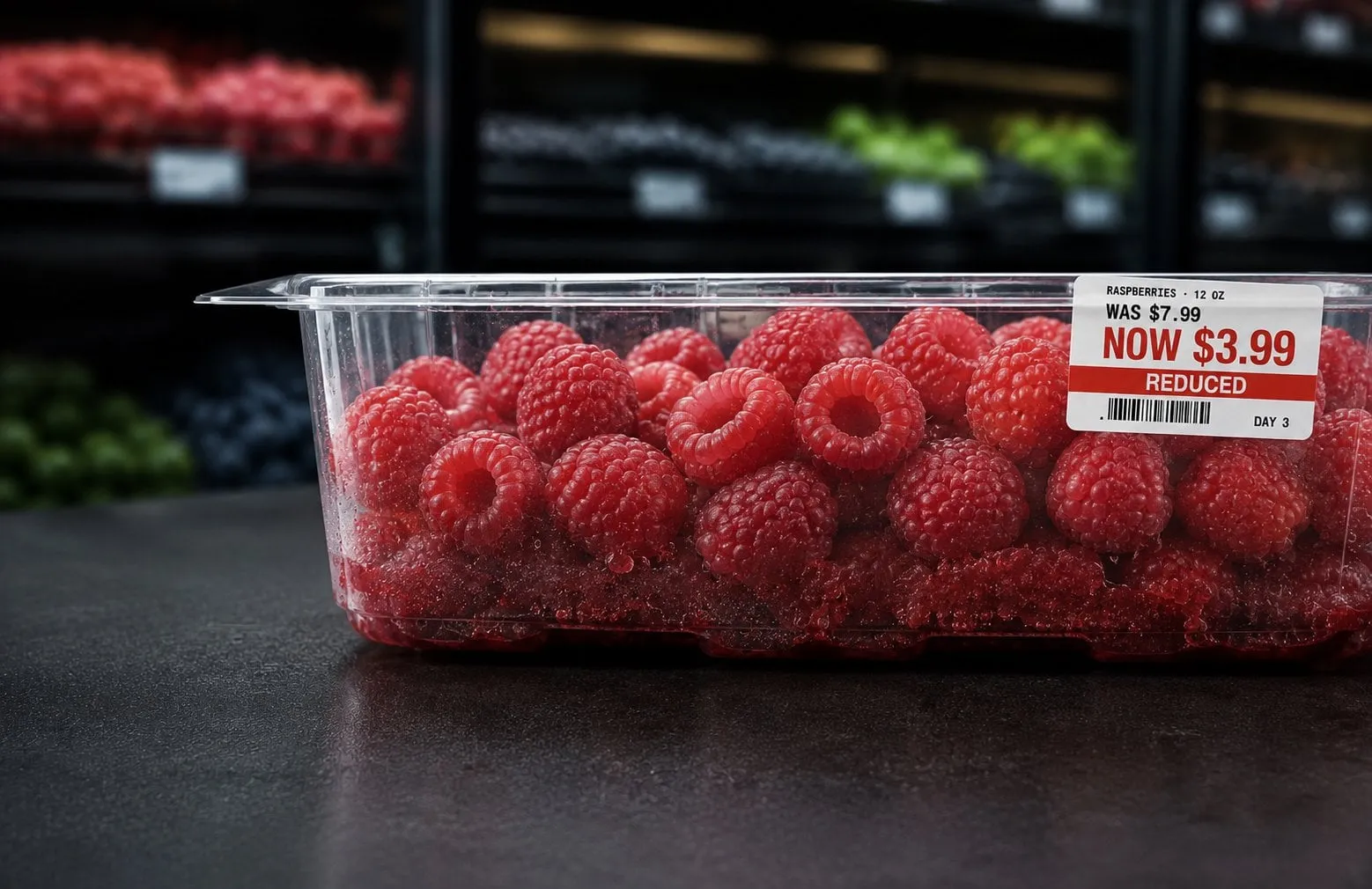 A conventional clamshell of crushed, weeping berries sitting in their own juice