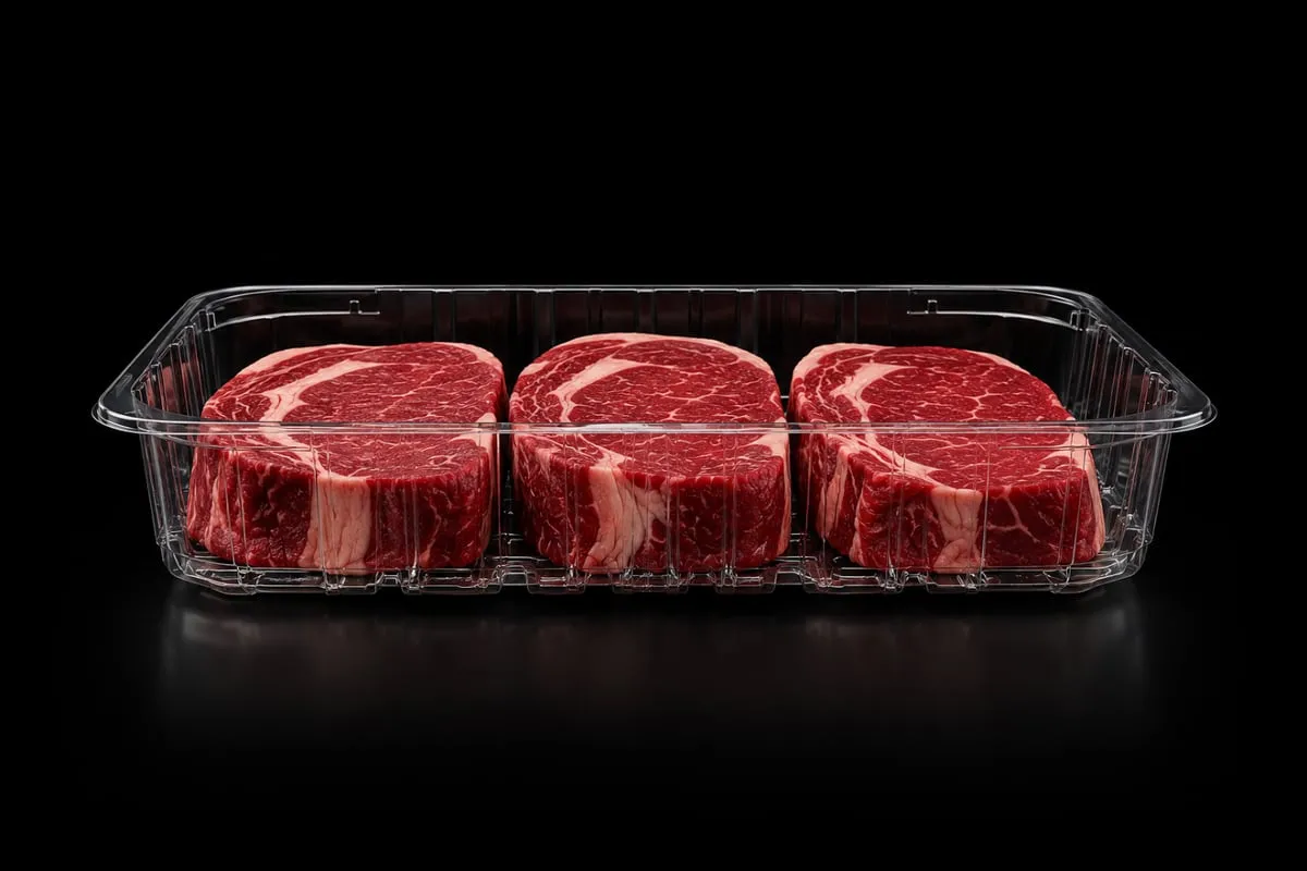 Raw protein in a clear Lucid Infinity tray on black