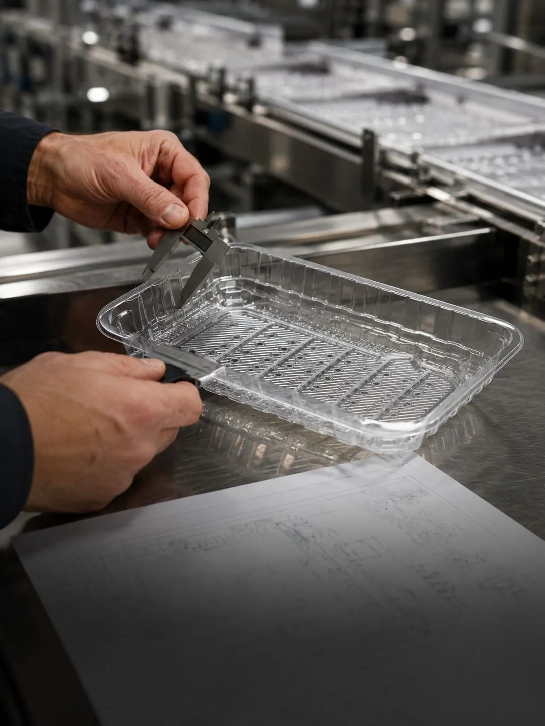 Measuring a prototype tray with calipers against drawings