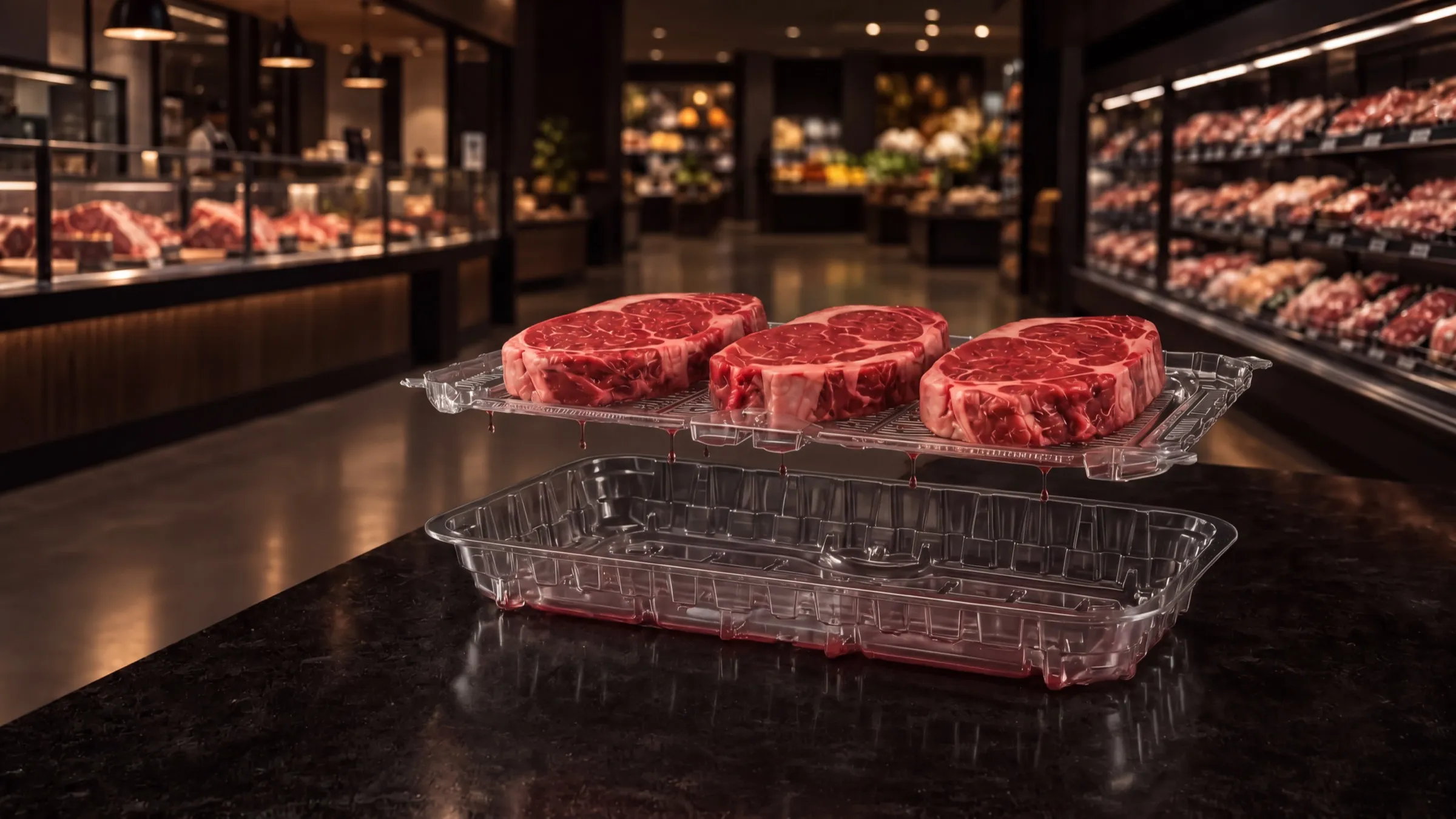 Lucid Infinity two-chamber tray in a grocery meat department — steaks on the rack above, purge collected in the clear chamber below