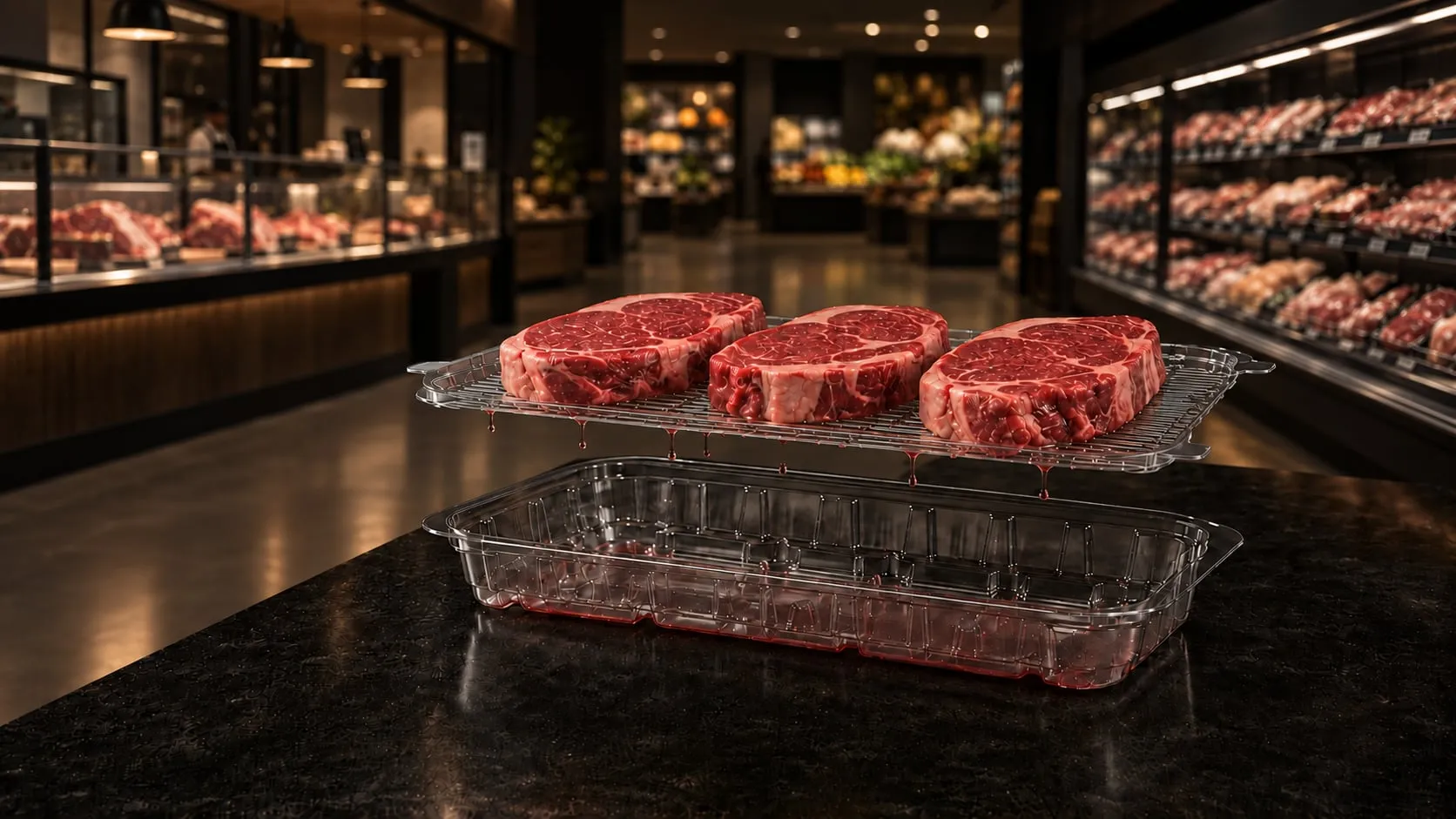 Lucid Infinity two-chamber tray in a dark butcher hall — steaks on the rack above, purge collected in the clear chamber below
