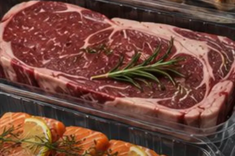Close-up of a raw steak in a clear Lucid Infinity tray