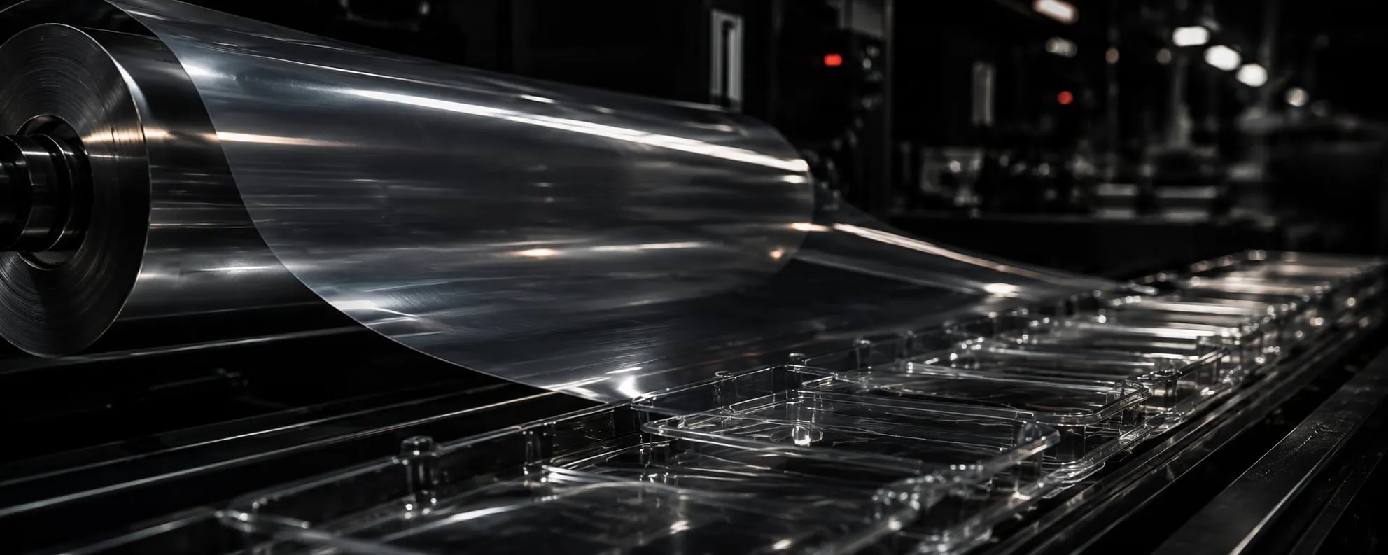 PET sheet rolling onto formed trays