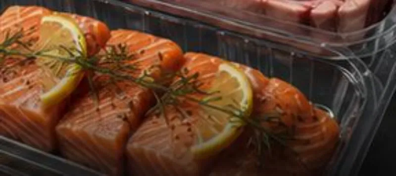 Close-up of a salmon fillet in a clear Lucid Infinity tray
