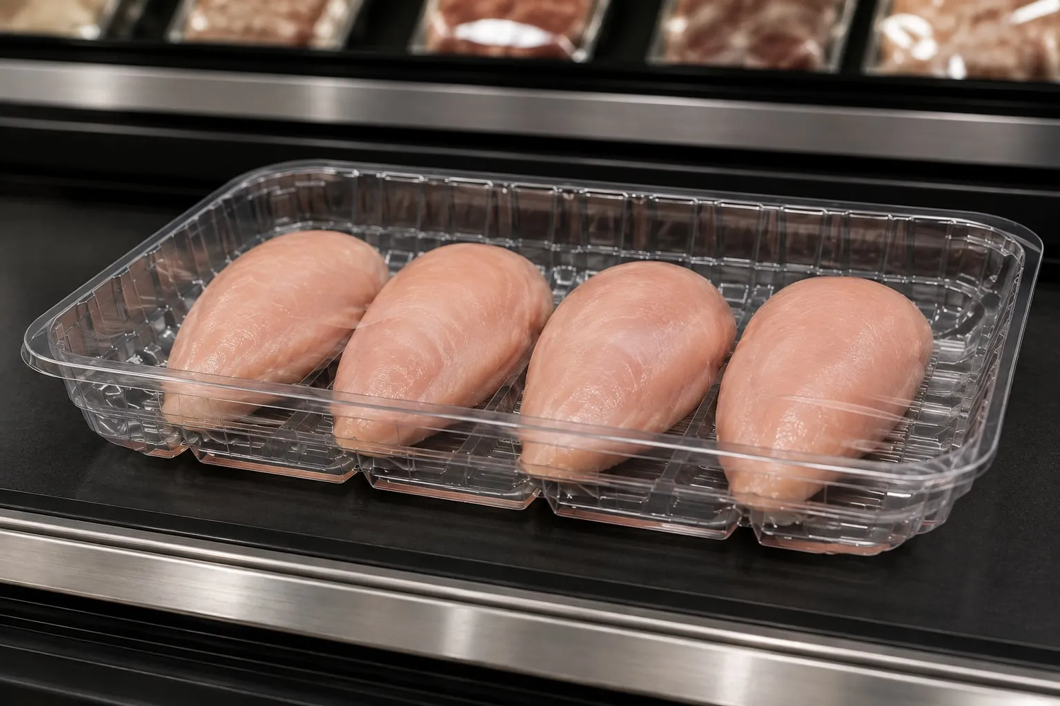 Chicken in a clear, pad-free Infinity tray in the retail case