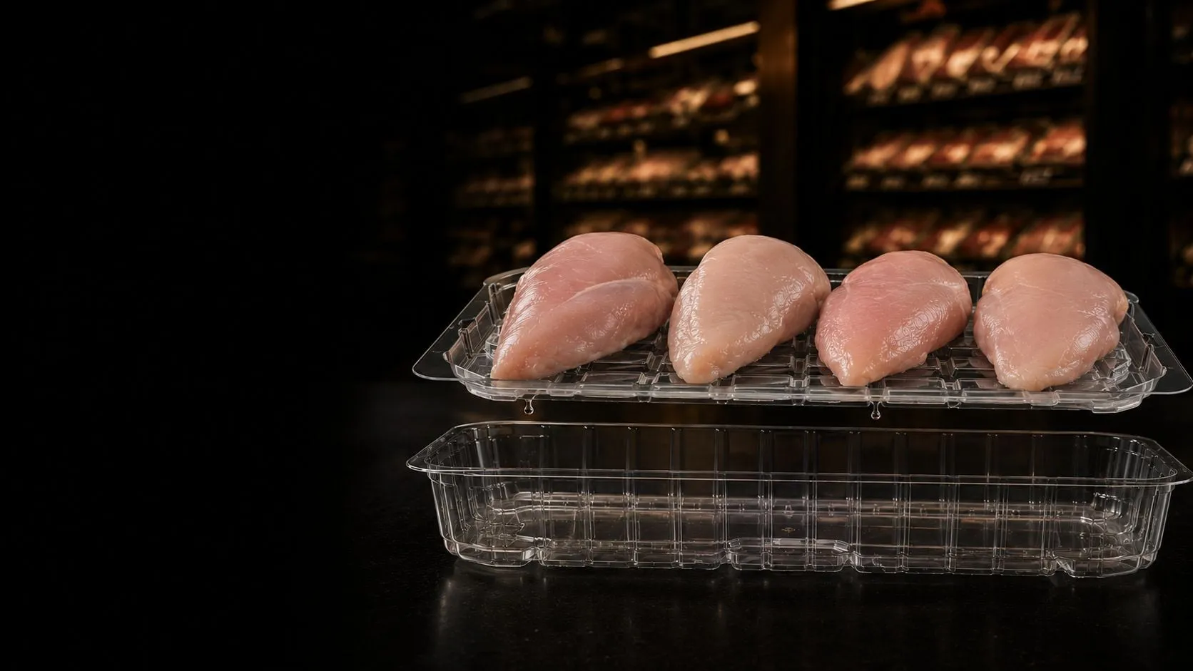 Side view of the two-piece Lucid Infinity tray with chicken resting above and purge collected in the reservoir below