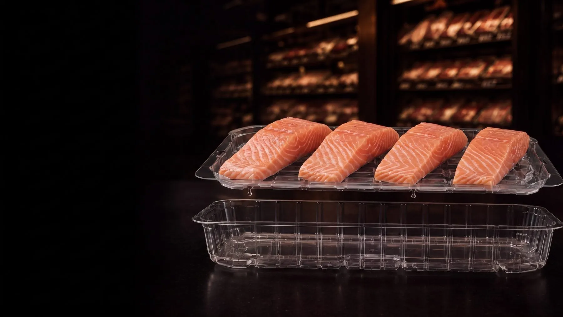 A salmon fillet resting dry in a clear two-piece Lucid Infinity tray