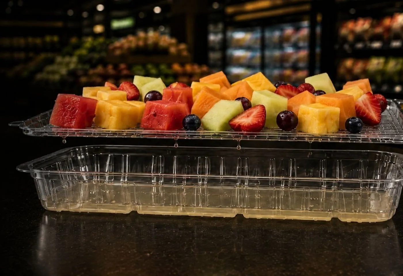 Cubed melon, pineapple and strawberries on the elevated Lucid Infinity rack, juice pooling in the reservoir tray below