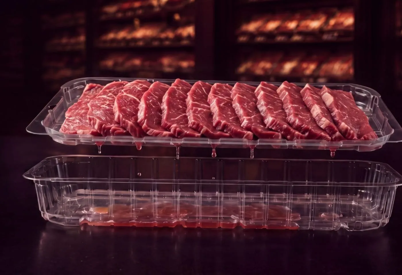Sliced beef steaks on the elevated Lucid Infinity rack, drops of purge falling into the tinted reservoir tray below