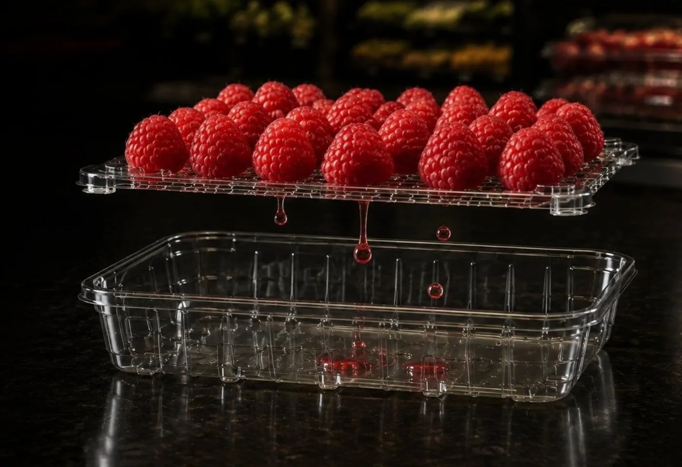 Raspberries on the elevated Lucid Infinity rack, drops of juice falling into the clear reservoir tray below