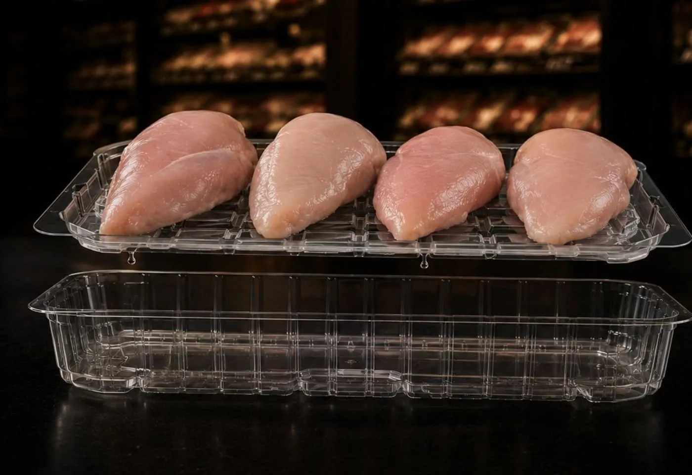 Four chicken breasts on the elevated Lucid Infinity rack, a drop of purge falling into the clear reservoir tray below
