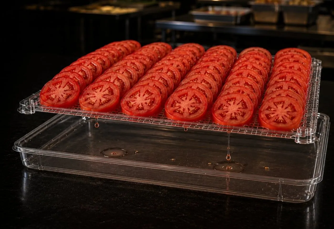 Rows of sliced tomatoes on the elevated rack of the Lucid Infinity half-steam food service tray, liquid dripping into the reservoir below