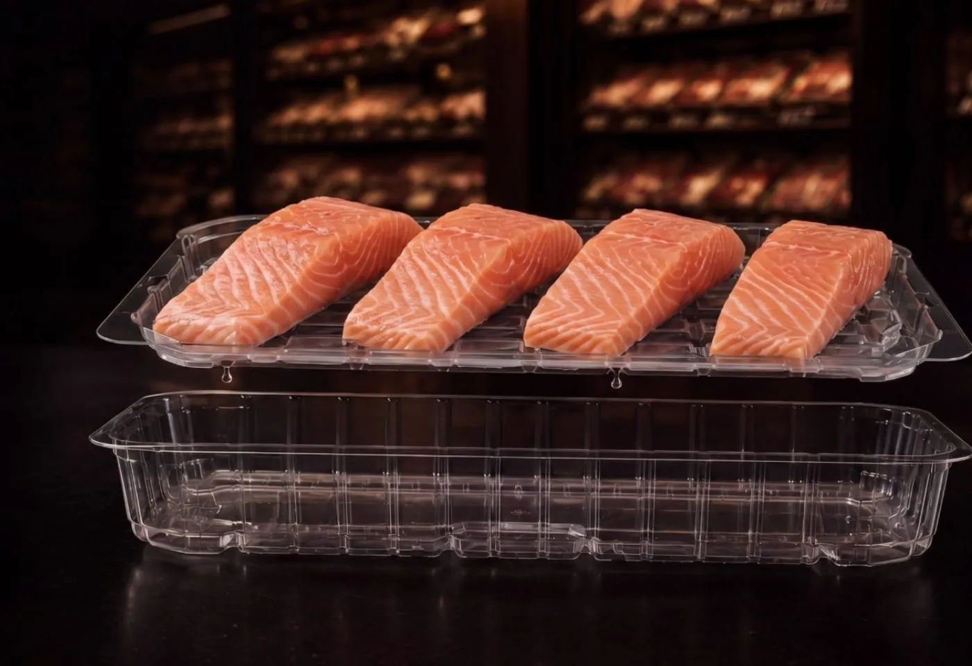 Four salmon fillets on the elevated Lucid Infinity rack, drip falling into the clear reservoir tray below