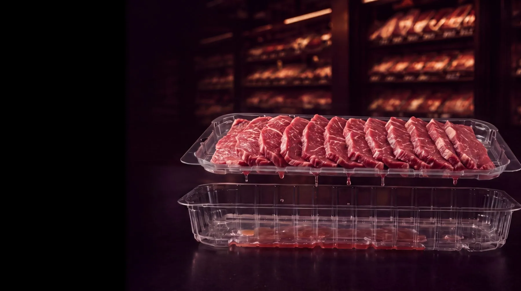 Side view of the two-piece Lucid Infinity tray with fresh beef resting above and purge collected in the reservoir below