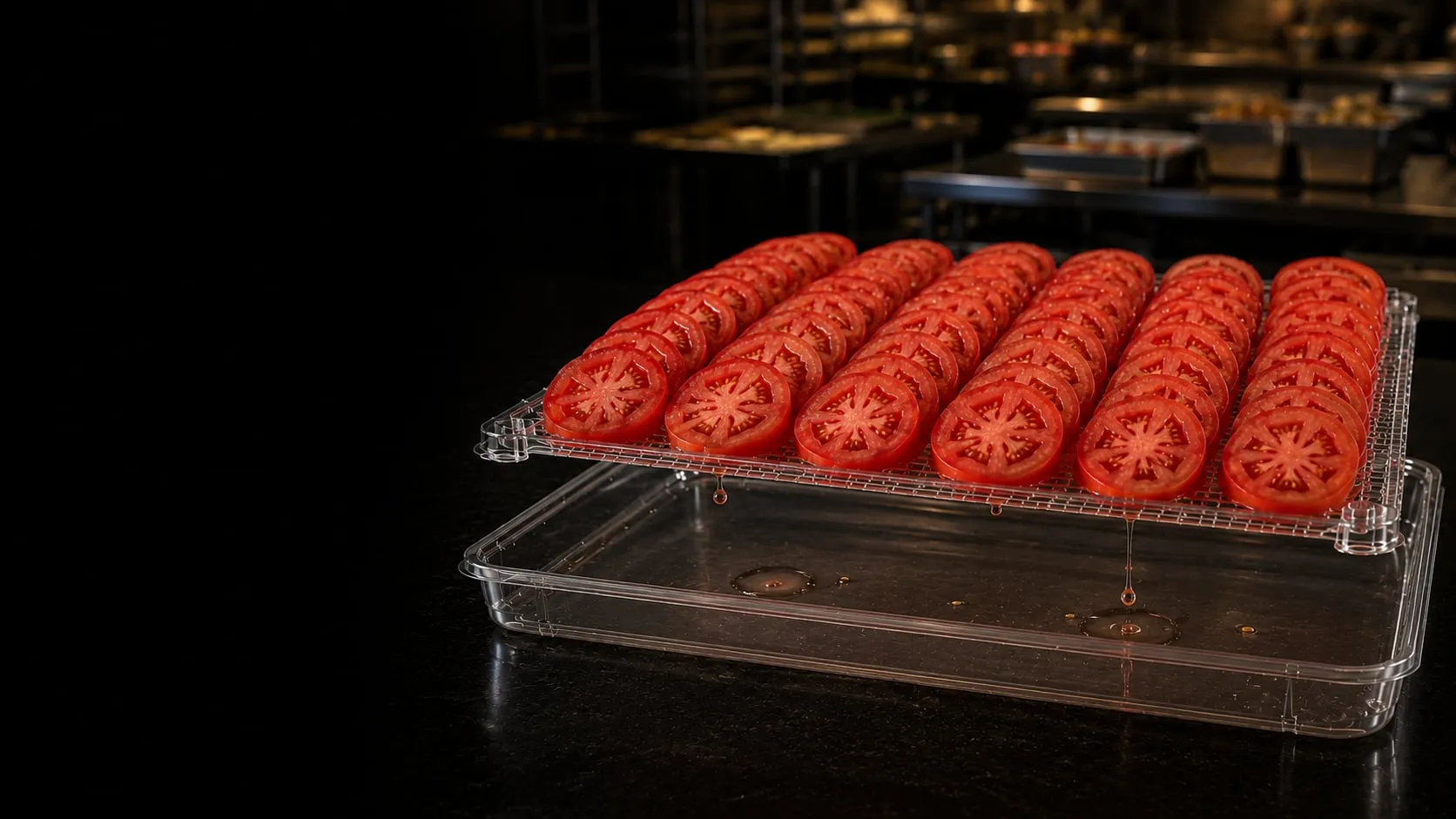Side view of the two-piece Lucid Infinity food service tray with prepped product resting above and liquid collected in the reservoir below