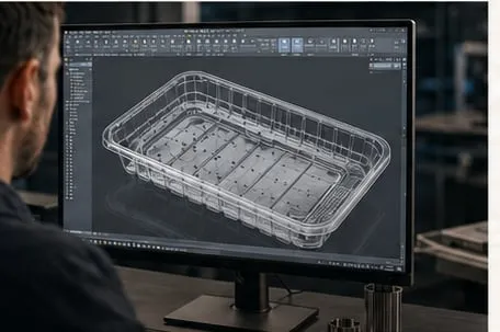 Engineer working on a tray design in CAD on a workstation