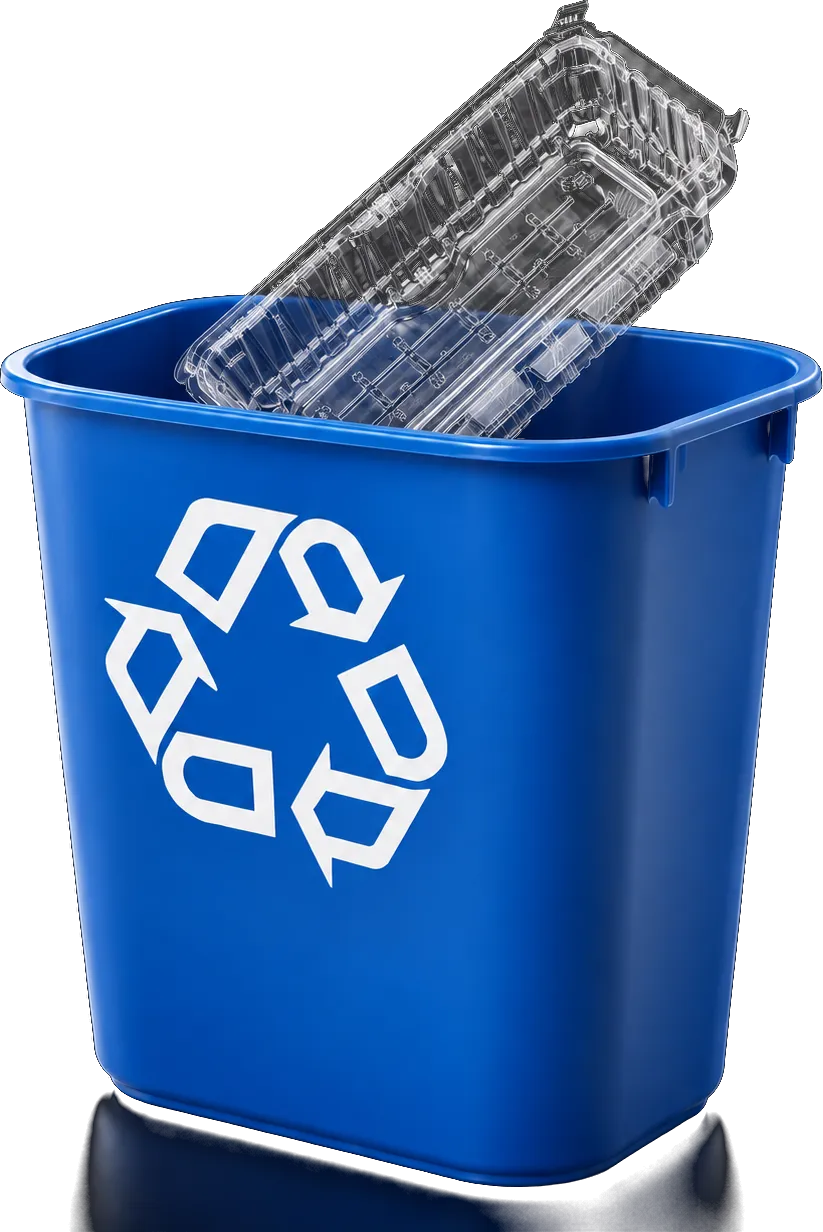 Clear Lucid PET tray going into a blue recycling bin