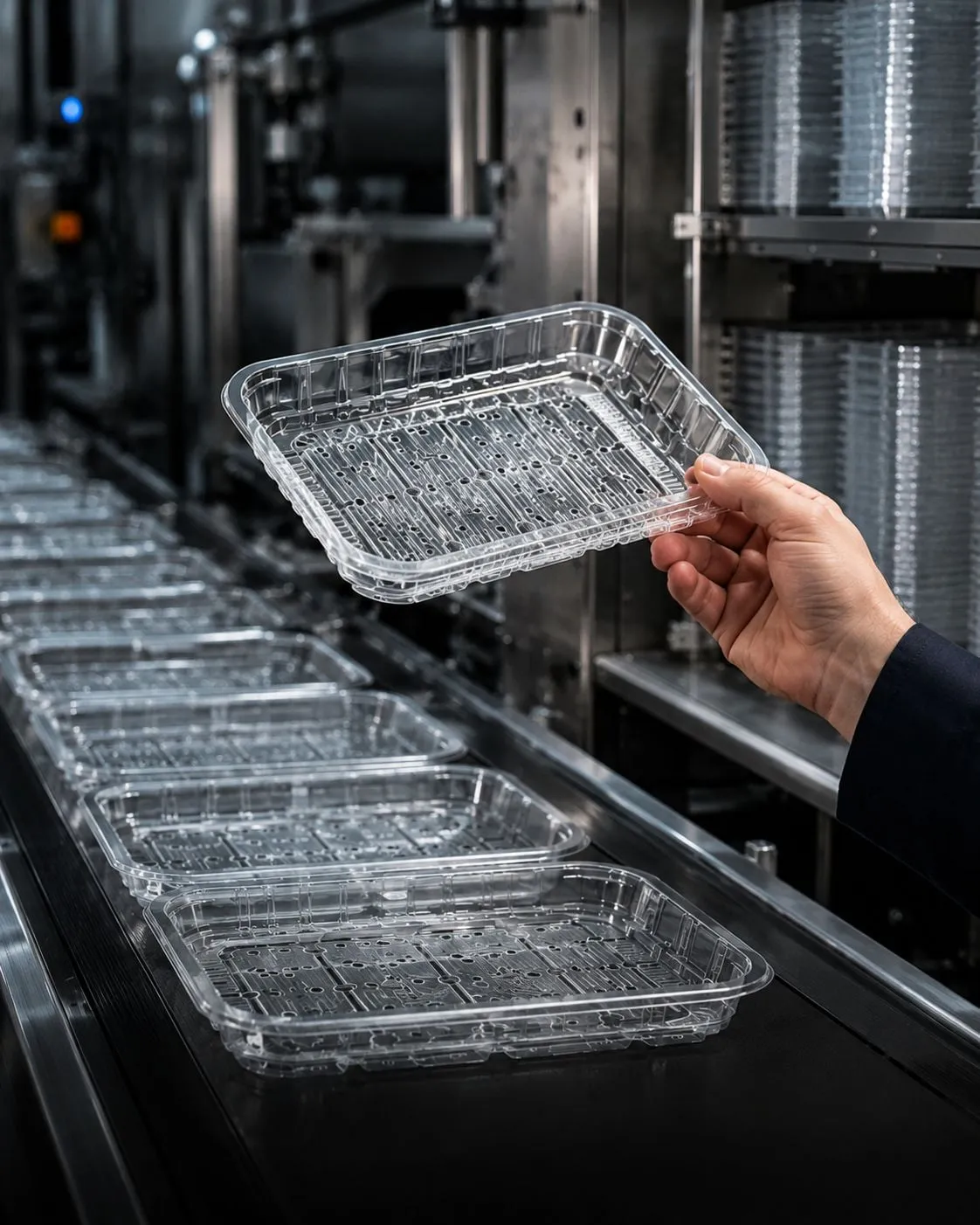 Rows of finished clear PET trays coming off a thermoforming line