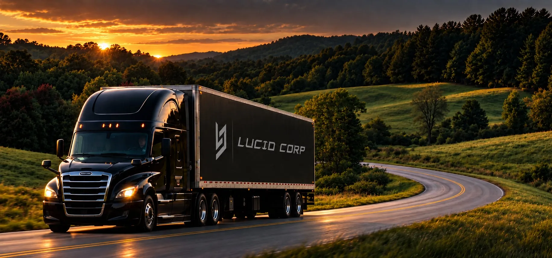 A Lucid truck leaving the facility at dusk